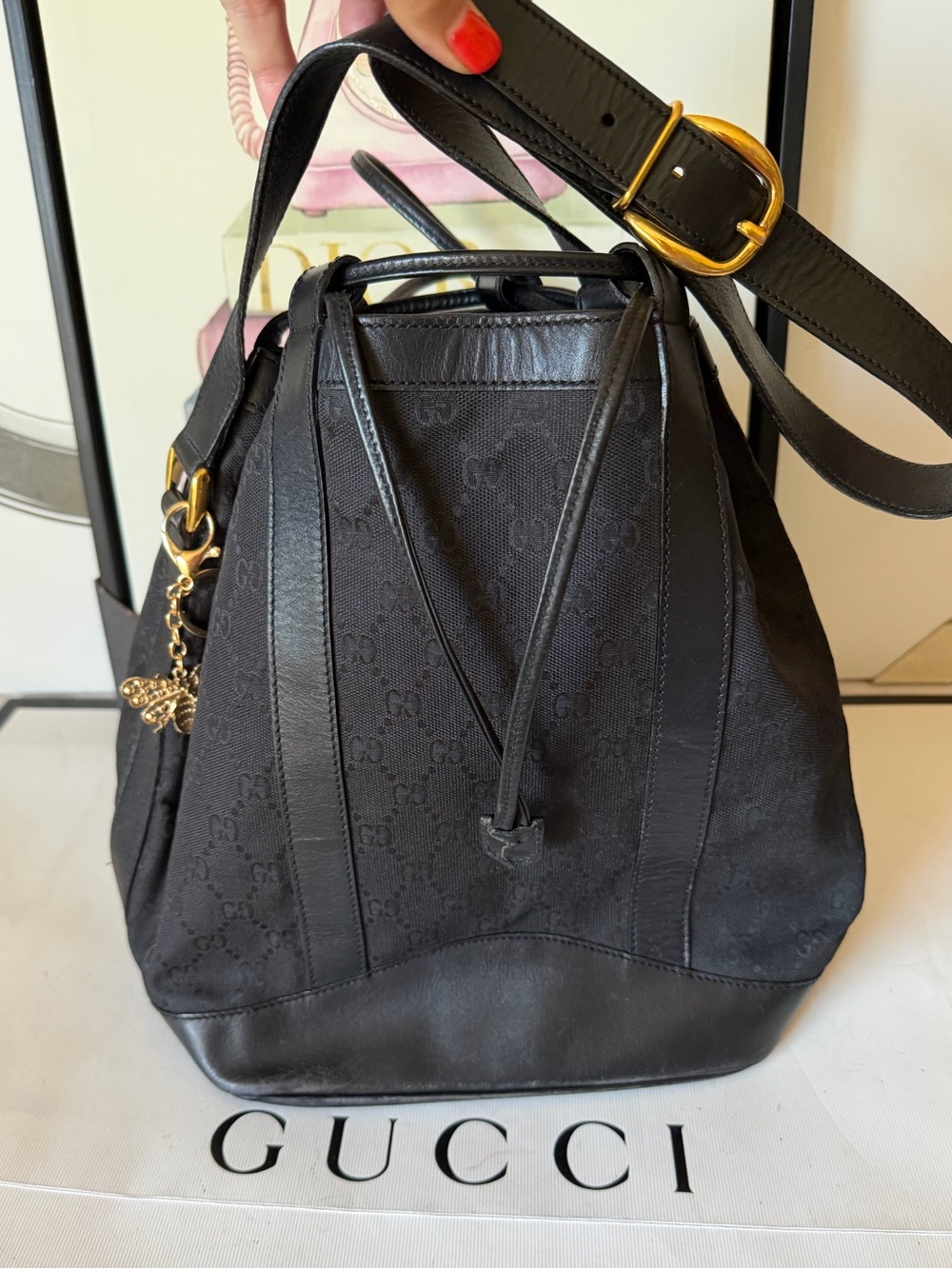 GUCCI Vintage GG Monogram Black Canvas & Leather Bucket Bag